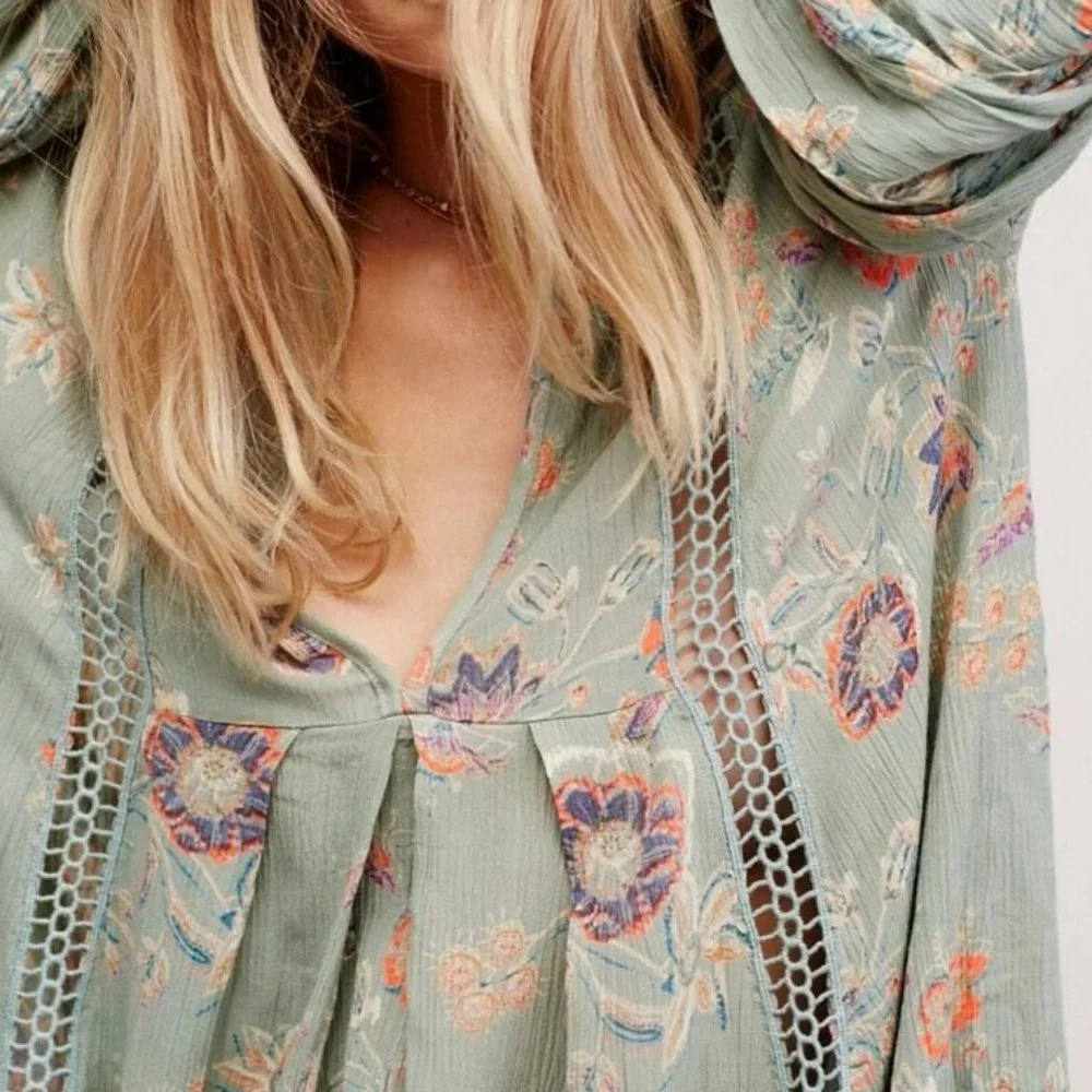 Free People Just The Two Of Us Printed Floral Lace Inset Tunic Dress, S